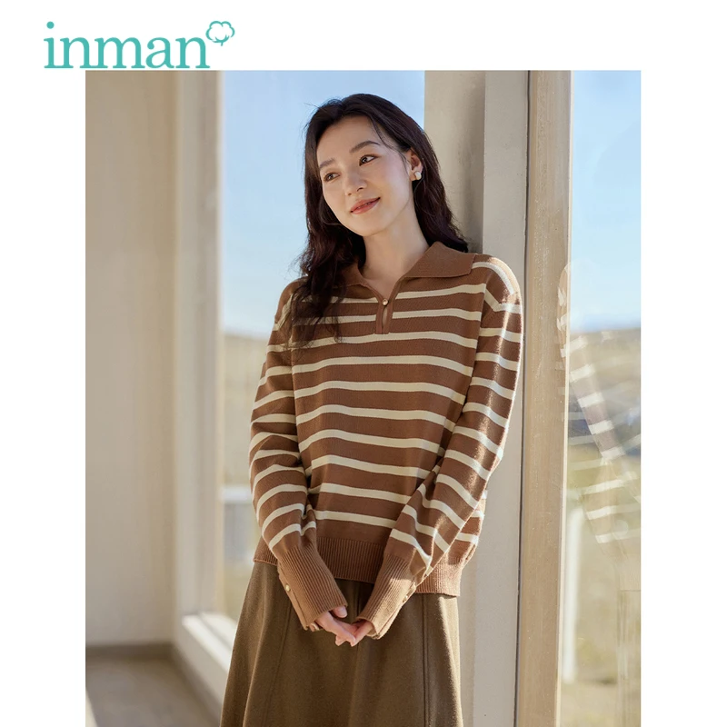 

INMAN Women Sweater 2023 Winter Long Sleeve Polo Neck Loose Knitwear Classic Contrasting Stripes Fashion Casual Versatile Tops