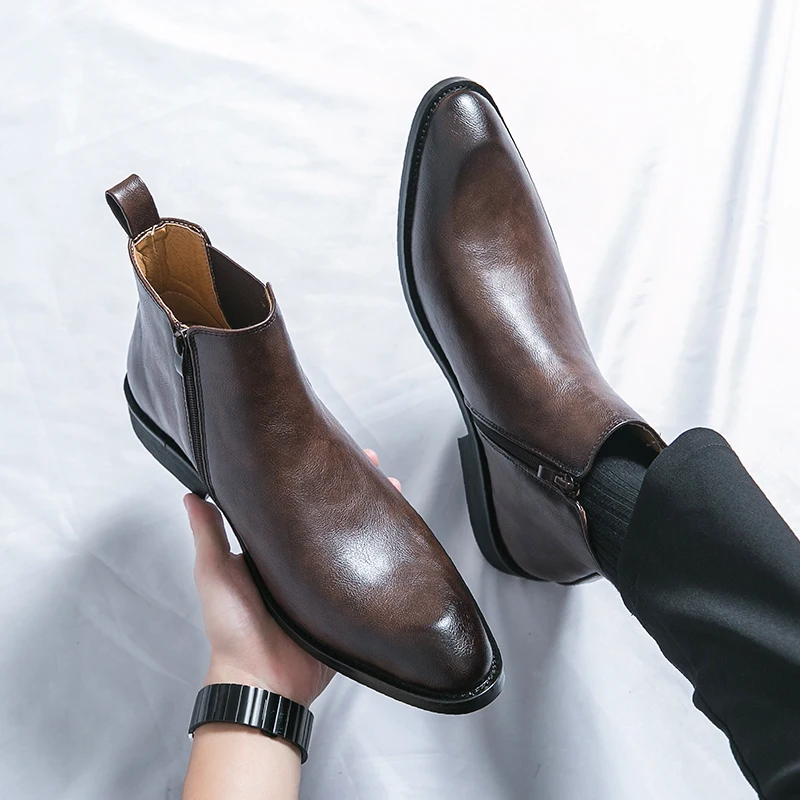Classic Chelsea Boots Side ZIP Slip-on High-top Boots Men's Luxury Leather Ankle Fashion Business Short For Suits