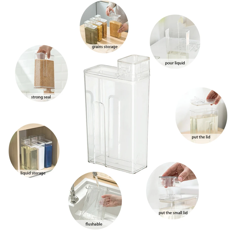 Dispenser Per Detersivo 1100 Ml Con Misurino - Contenitore Ermetico In PET - Bianco Trasparente - Per Detersivo In Polvere, Ammorbidente, Riso E Snack