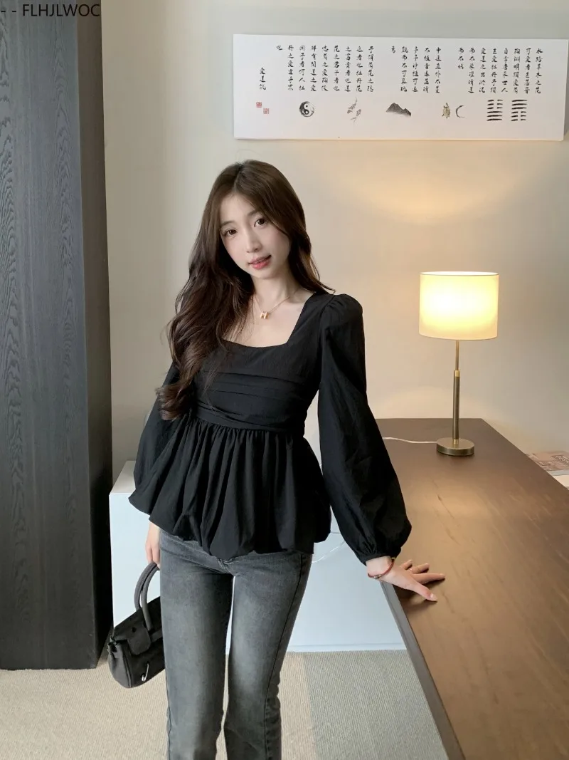 Belly Tunic Peplum Tops Blouses New Design Women Long Sleeve Casual Chic Korea Slim Fitted Black White Basics Shirts