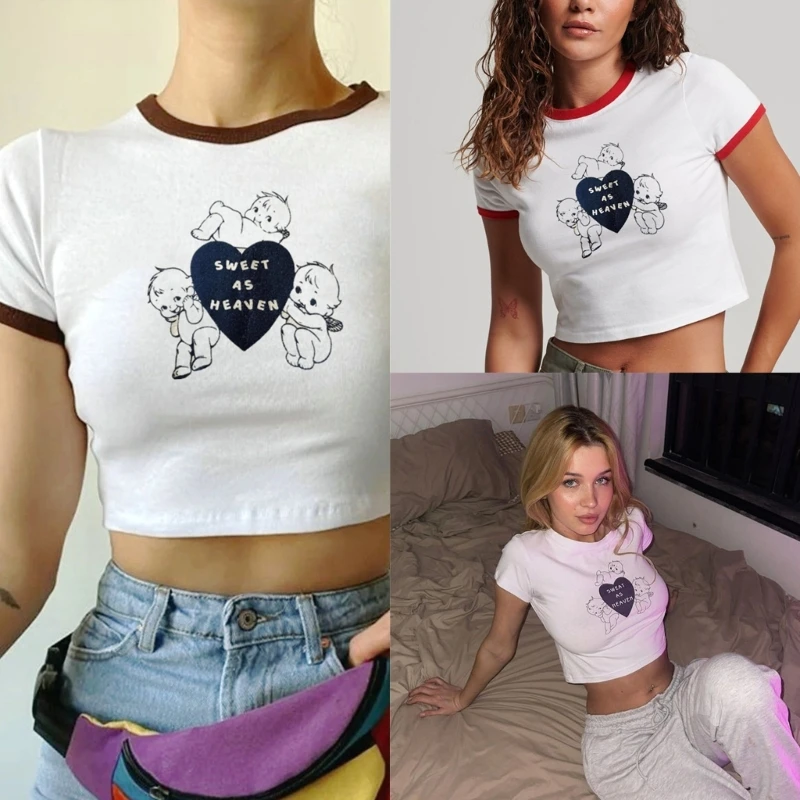 

A0NF Letter Print Lounge Short Sleeve Top Bodycon SWEET-AS HEAVEN Tops Cropped Sexy Honeys Round Neck Shirts for Women