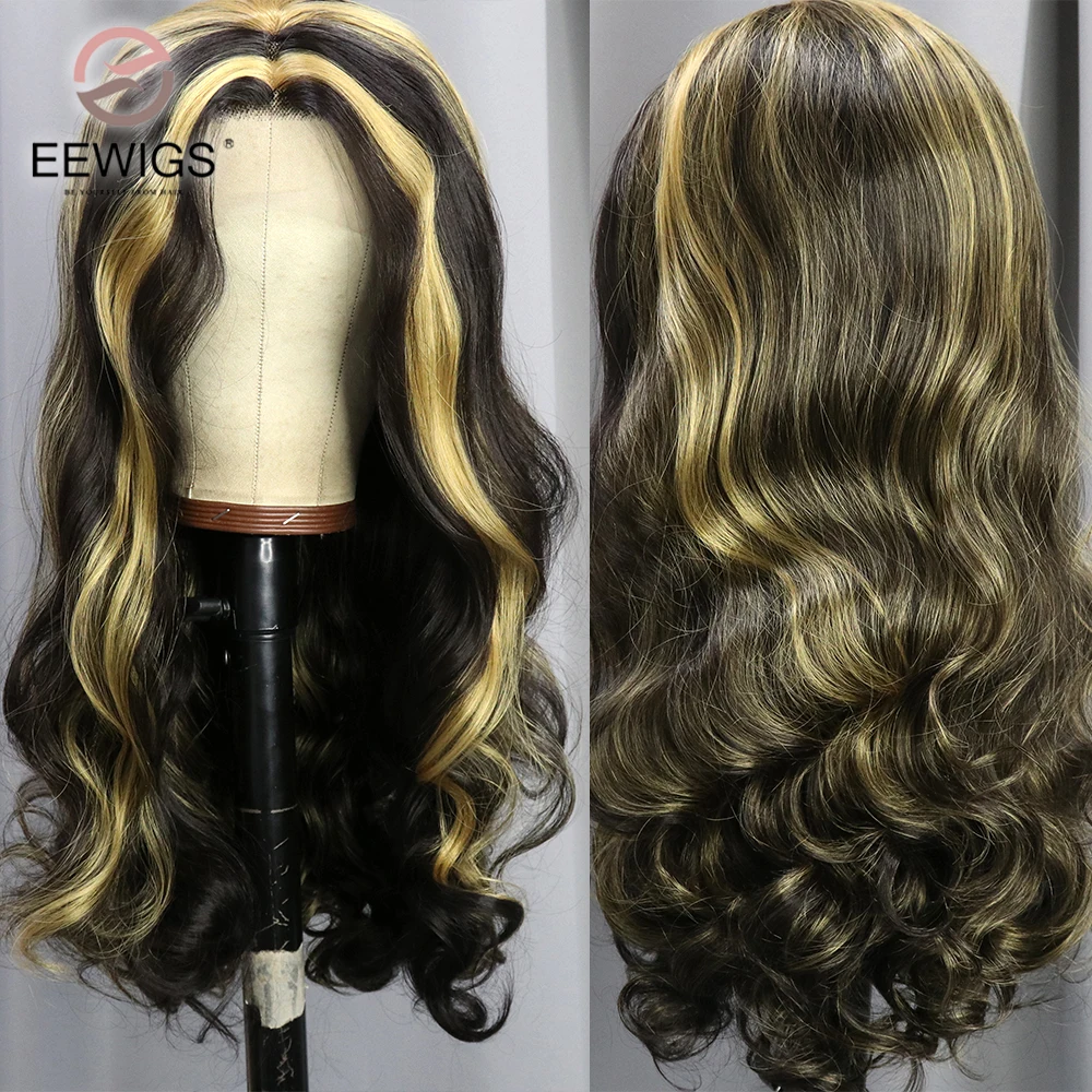 

Body Wave High Quality Synthetic Wig Black Highlight Honey Blonde Lace Front 13X4 Glueless Pre Plucked For Women Cosplay