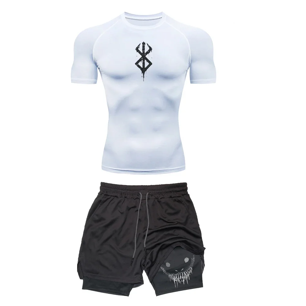 Sacrifice Anime Compression Sportswear Set Fitness Suit for Men Quick Dry Manga Compression Shirt+Gym Shorts 2PCS Running Workou