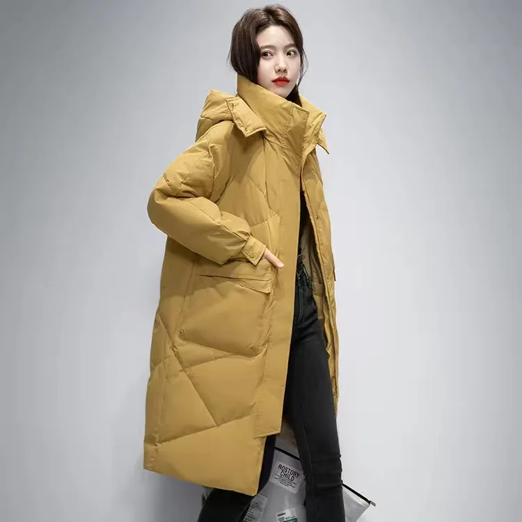 

Down Cotton Clothes Jacket Mid-Length Women Big Fur Collar Solid Color Coat Abrigos Mujer Invierno Sobretudo Feminino