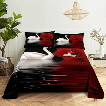 Set di lenzuola piatte per biancheria da letto Set di lenzuola per fiori Queen Set di lenzuola per ragazza cigno bianco, set di biancheria da letto per cameretta, lenzuola e federe 1