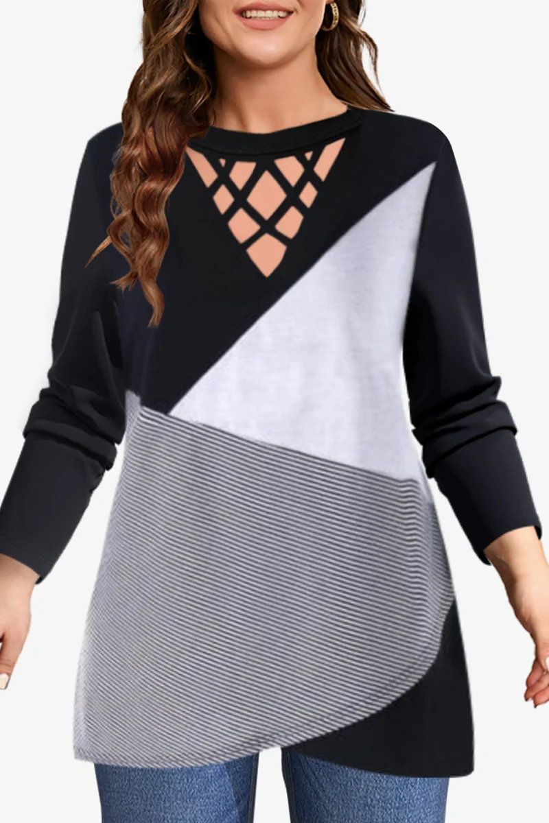 Hollow Out Women's Blouse Black Stitching Striped Print Cut Out Cross Strap Split Hem Blouse Long Sleeve Casual Pullover Clothes blouses lace criss cross cold shoulder blouse dark grey in gray size l m s xl