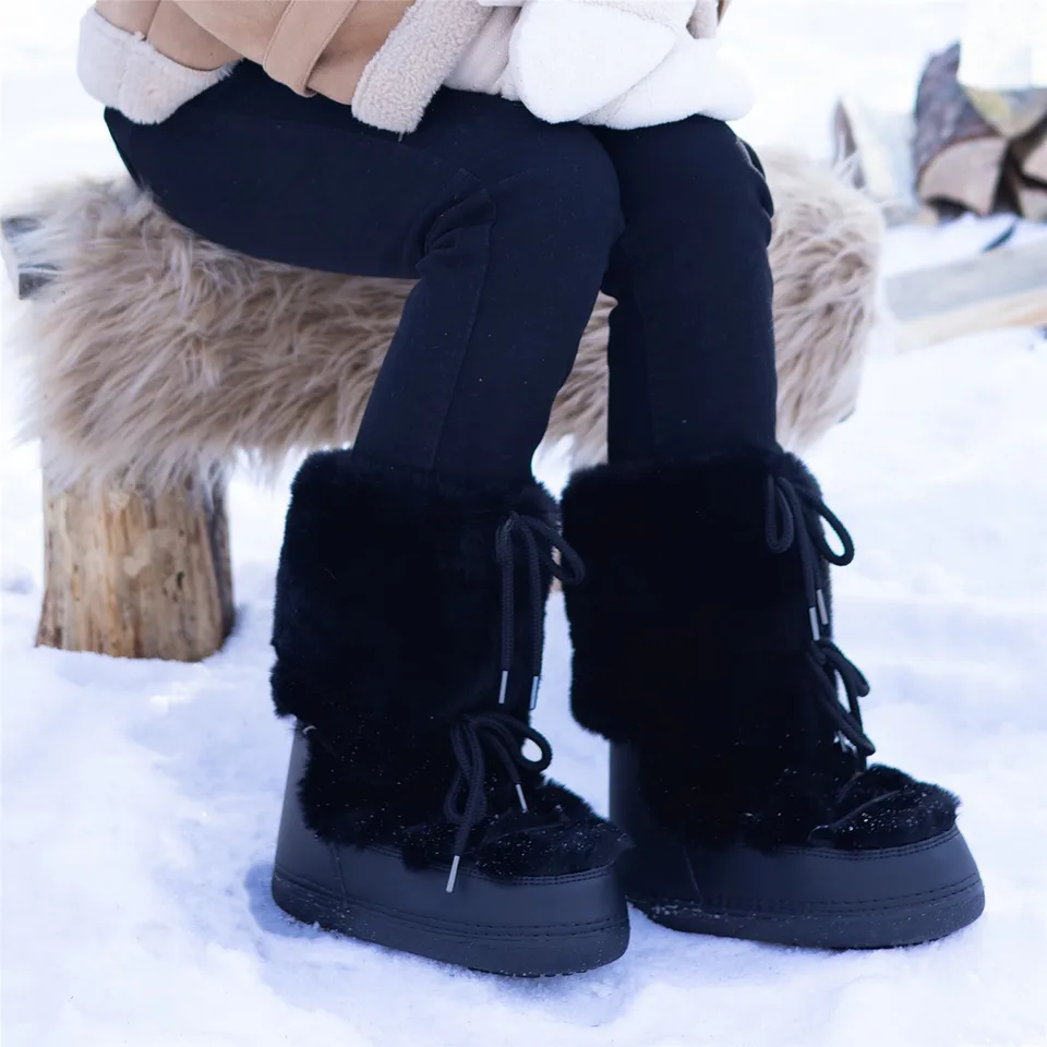 Scarpe Invernali Impermeabili Stivali Da Neve Da Donna 2024 Pelliccia Calda Peluche Stivali Alti Al Ginocchio Con Zeppa Casual Ragazze Scarpe Da Pioggia Bianche Nere Da Donna - Foto 7