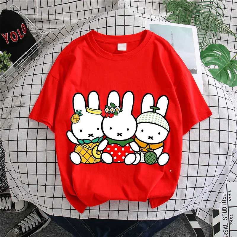 Miffy Kawaii Cartoon Print Candy Color Cotton T-Shirt – Adults Casual Summer Short Sleeve Fashion Top Gift