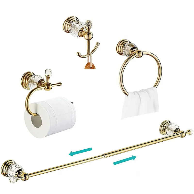 4 ชิ้นทองอุปกรณ์ห้องน้ําชุดทองเหลืองและคริสตัลผ้าเช็ดตัวติดผนังชั้นวางกระดาษชุดอุปกรณ์ห้องน้ํา 1