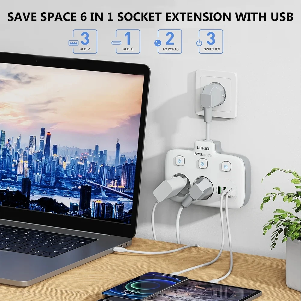 Power Strip EU Plug 2 AD 3 USB 1 Type-C Port Electrical Socket Korea 4.8mm Outlet Home Office Adapter Surge Protector