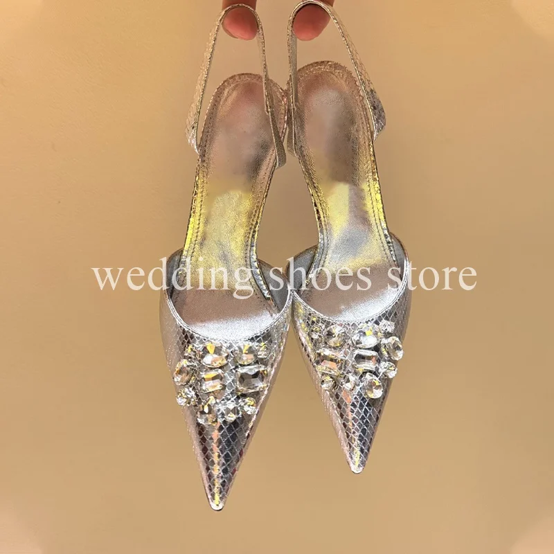 

Rhinestone 9.5CM High-heeled Sandals Sexy Women Sheepskin Pointy Back Strap Hollow Summer Elegant Banquet Wedding Single Shoes