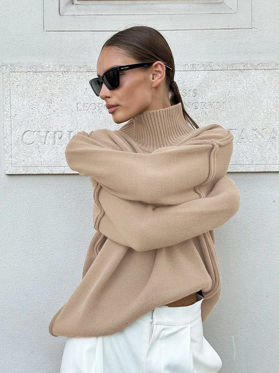 Winter Knit Turtleneck Pullover Female Clothes Loose Casual Ribbed Patchwork Long Sleeve Oversized Sweater Women Knitwear