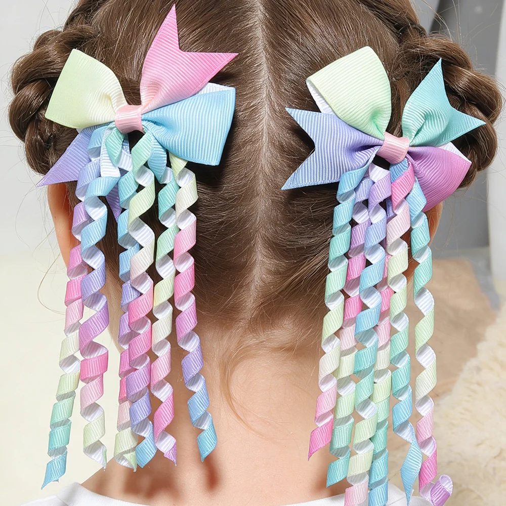 1/2 Stück Schleifenband-Haarspangen Beliebte Süße Regenbogen Lockige Band-Doppel-Pferdeschwanz-Haarnadeln Baby Mädchen Haaraccessoires für Kinder