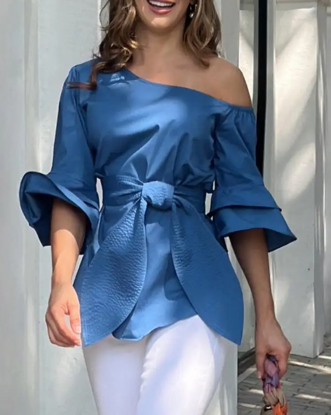 

Summer Elegant Blouses Cold Shoulder Layered Sleeve Top Plain Fashion Women's T-Shirt