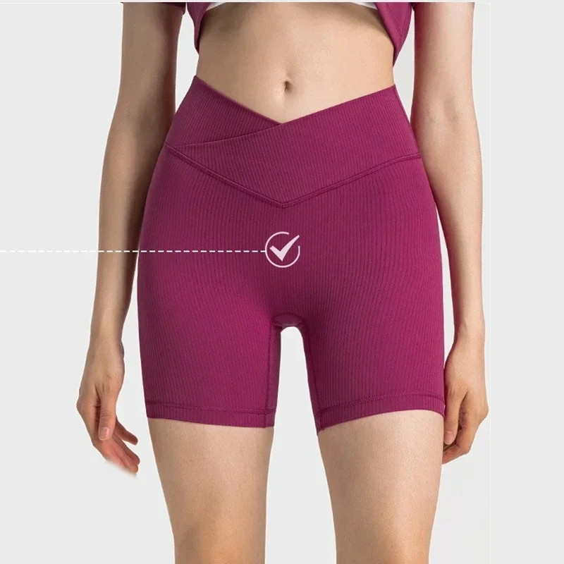 Lemon Women Yoga Fitness Shorts Ribbed Fabric Cross High Waist Gym Shorts Workout Running Gym Tights Sporty Shorts