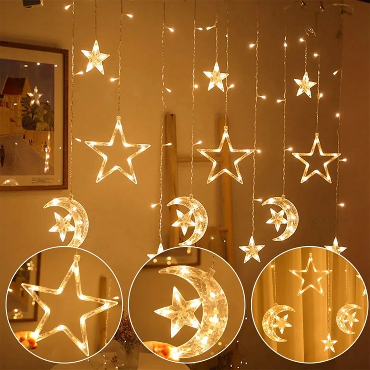 Eid Moon Star Curtain Garland Led String Light Ramadan Decoration Islam Muslim Party Decor Eid Al Adha Gift Eid Mubarak