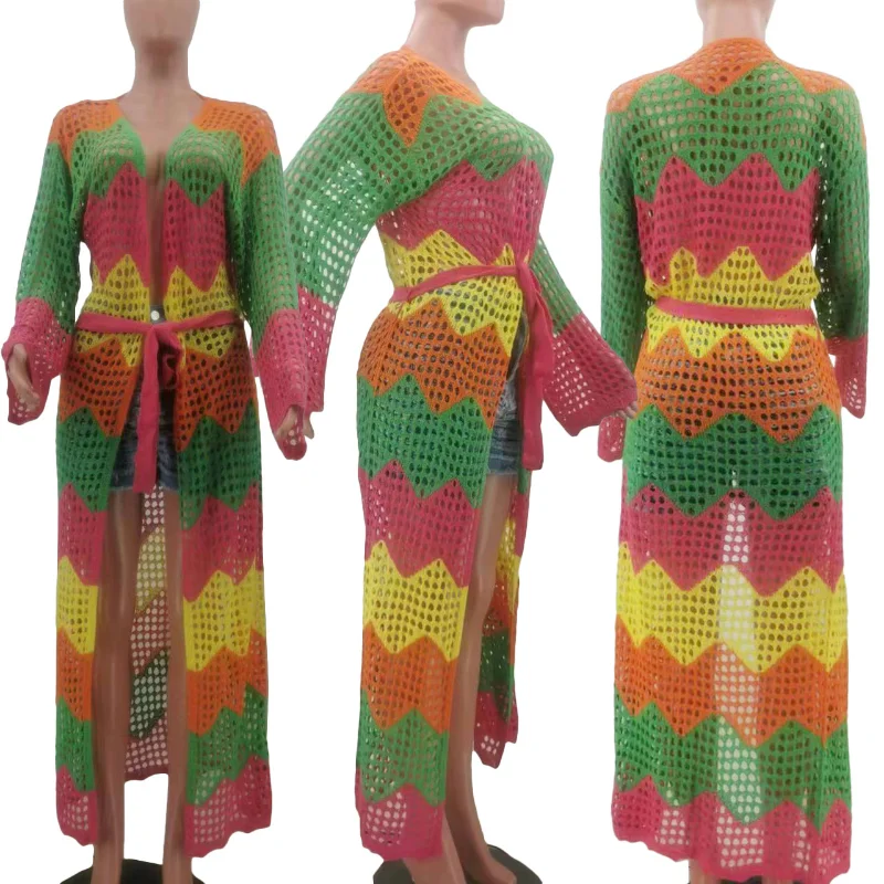 Colorful Knitted Hollow Beach Cover Ups for Women Casual Swimsuit Long Kimono Cardigan with Belt Loose Beachwear Outfits