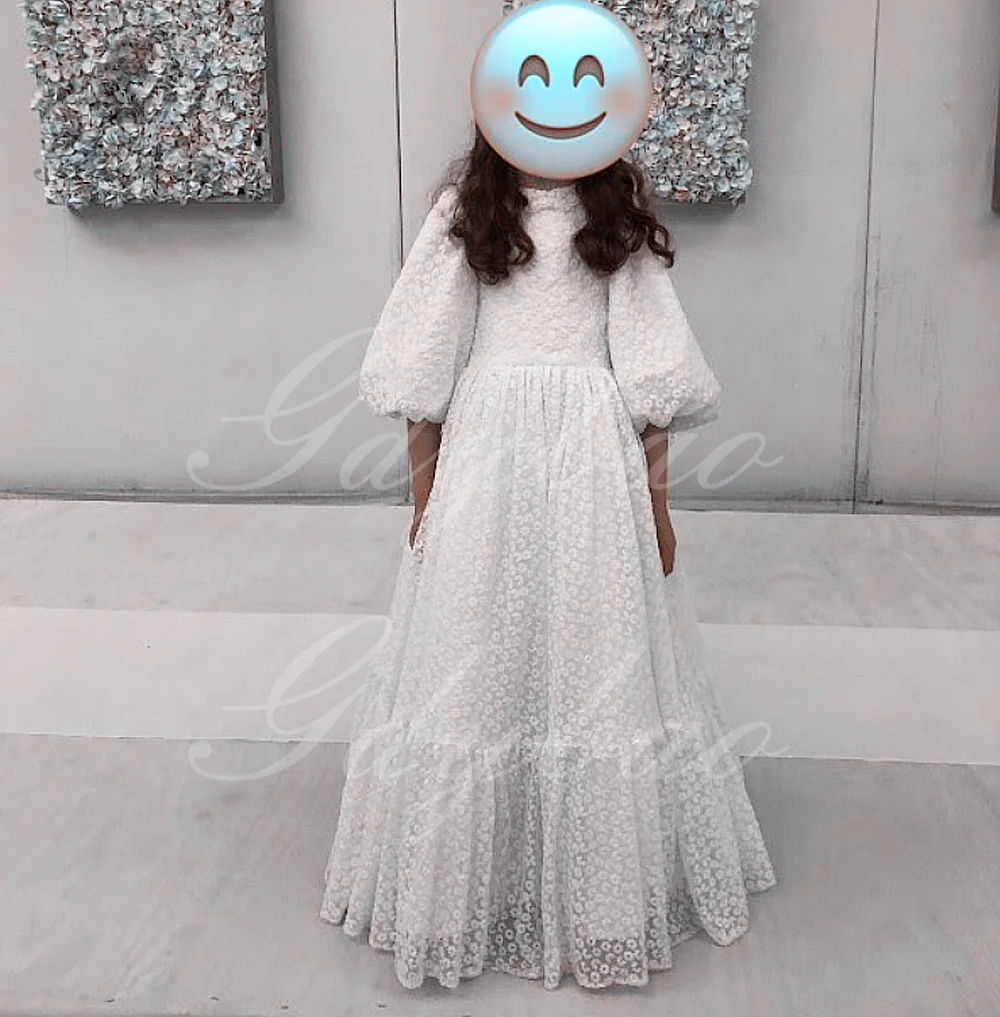 White Balloon Sleeve Flower Girl Dresses for Wedding Hollow Out Lace Milk Lace Kids Baby Pageant First Communion Ball Gown flower girl dresses