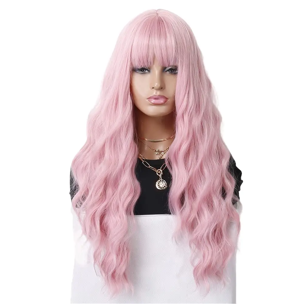 Long Wavy Wig with Bangs for Women Pink Wigs Synthetic Wig Party Cosplay Costume Hair Replacement Wigs 1 Wig Caps 26 inch Pink