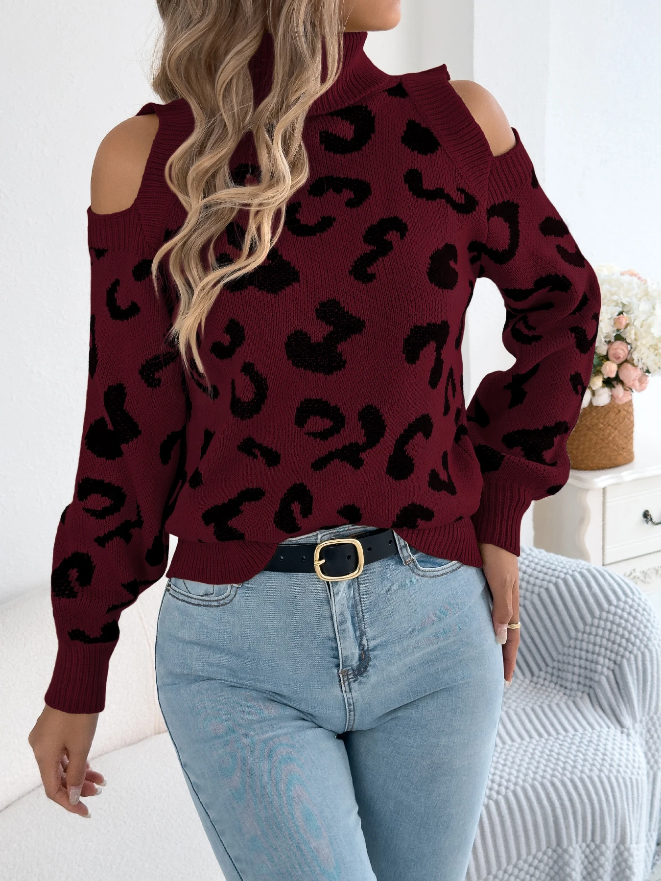 Women Off Shoulder Leopard Knitted Sweater