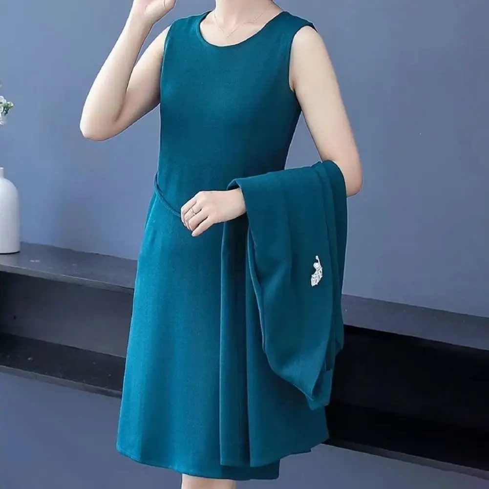 Women Dress Coat Suit Elegant Middle-age Women's Spring Fall Dress Coat Suit Solid Color Long Cardigan Sleeveless for Ladies