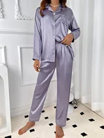 Ladies' autumn and winter solid color imitation silk comfortable and elegant purple pajamas women's long sleeved home suit set - Image 2