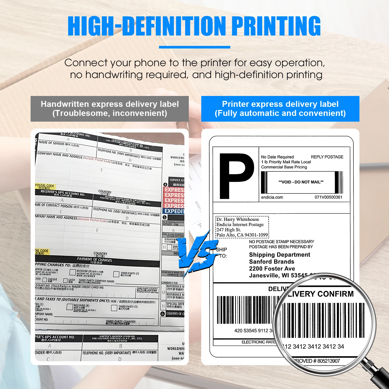 4x6 감열 라벨 프린터, 블루투스 USB 고속, 소규모 사업용, iOS 안드로이드 윈도우 맥 호환