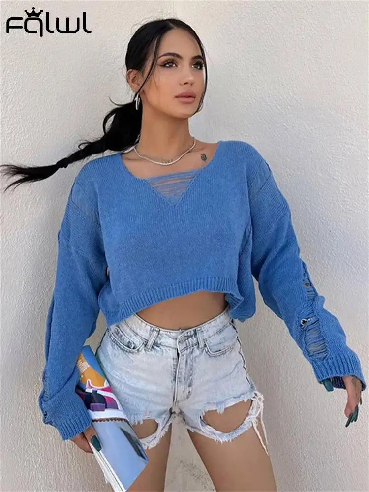 

Habbris Autumn Sexy White Knitted Crop Top Casual Vacation For Women 2023 Blue Long Sleeve Fashion Loose Asymmetry Top