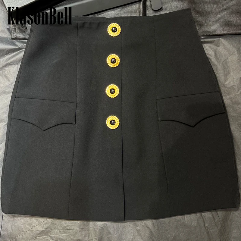 

5.2 KlasonBell Fashion Diamond Gold Button Pocket Flap High Waist Short Skirt Women With Lining Shorts Black Package Hip Skirt