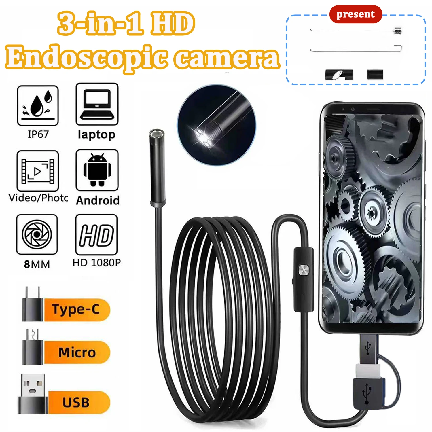 8mm endoscope camera 3-in-1 miniature inspection camera is suitable for inspection of waterproof pipes of industrial vehicles 1