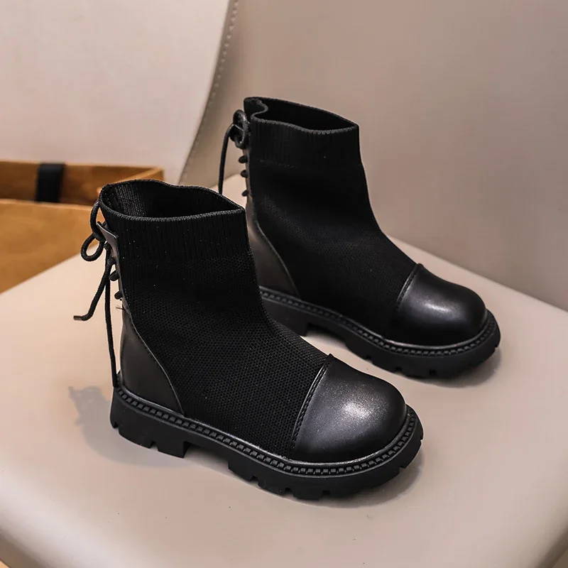 Black Leather Kids Platform Boots for School