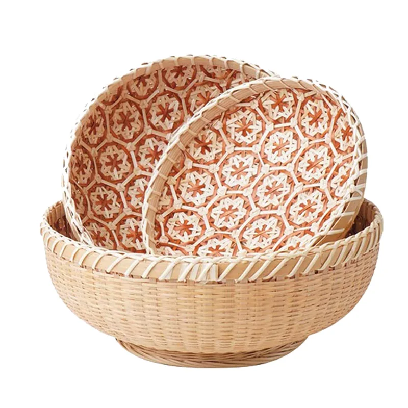 

3 Pack Natural Bamboo Weaving Round Storage Baskets,Fruit Basket,Bread Baskets For Serving,Kitchen Snack Gift Basket