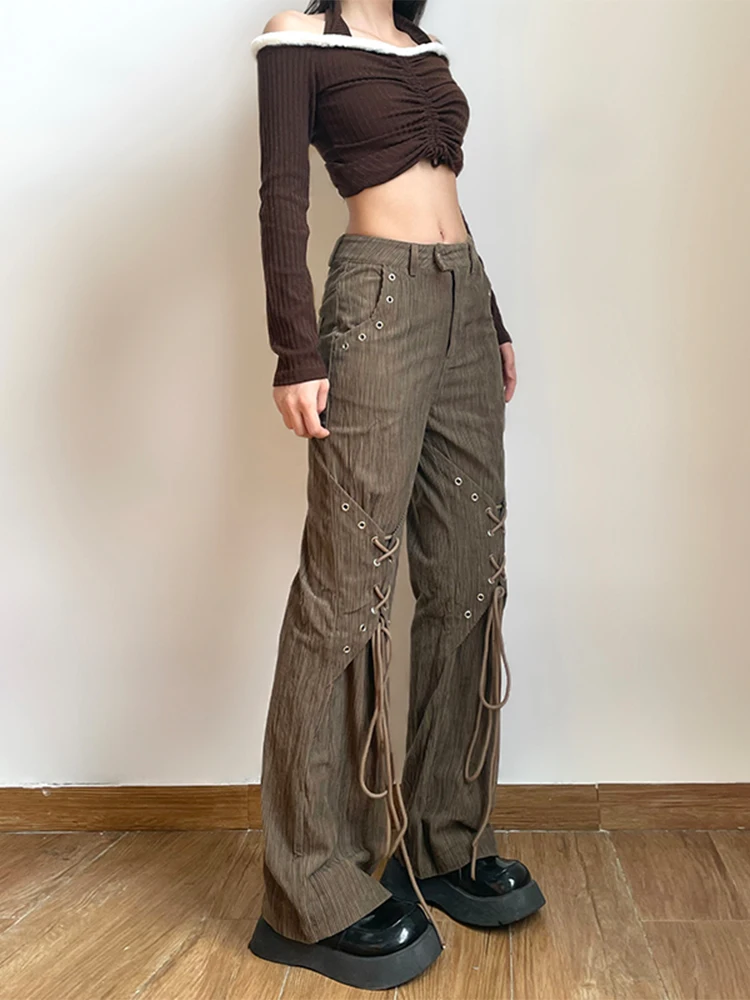 Women American Vintage Baddie Style Lace Up Cargo Pants