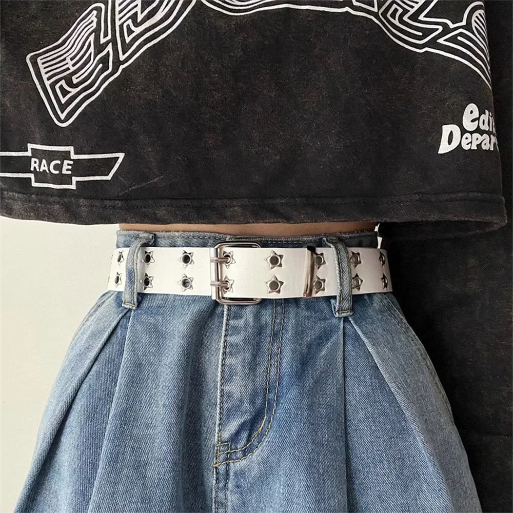 110 cm Taillengürtel Y2K Punk Nieten Ledergürtel Damen Herren Stern PU Schwarz Weiß Hüftgurt Zweireihig Hohl für Jeans Rock Dekor – Detail 4