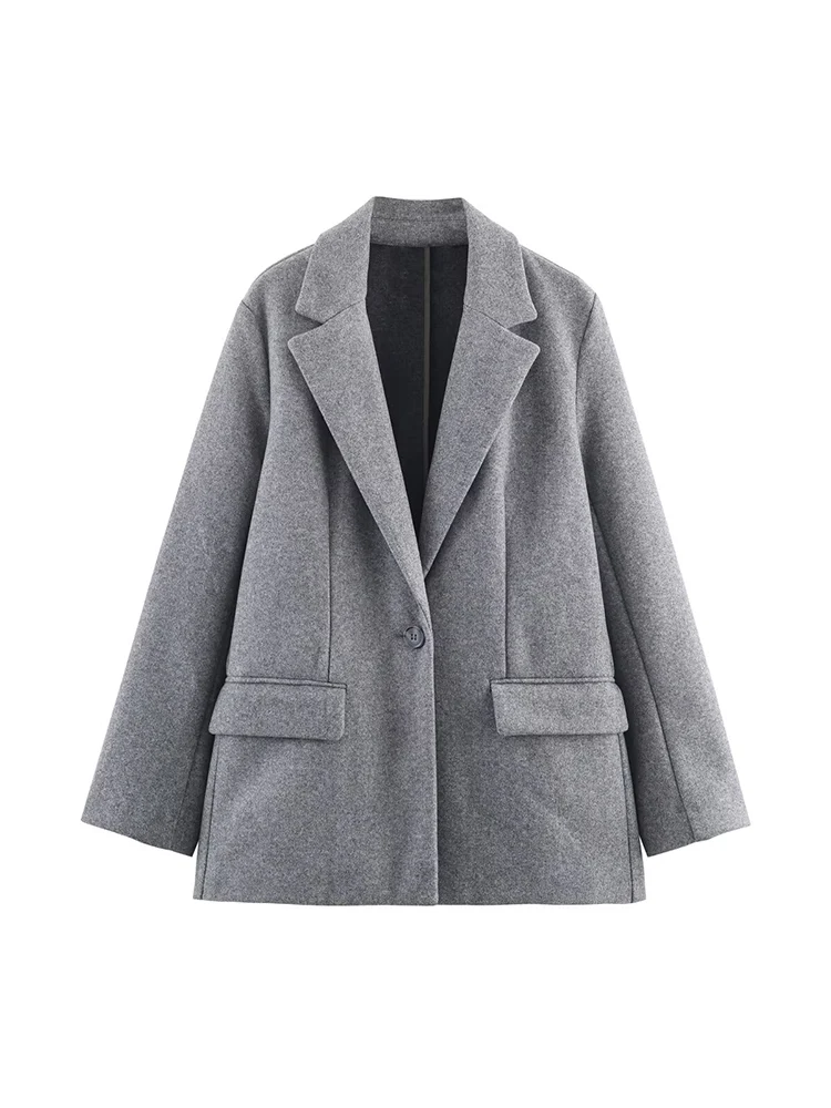 Autumn Women Wool Blend Coat Solid Color Fashion Pocket Blazer Elegant Women's Slim Fit Single Button Office Lady Suit Tops