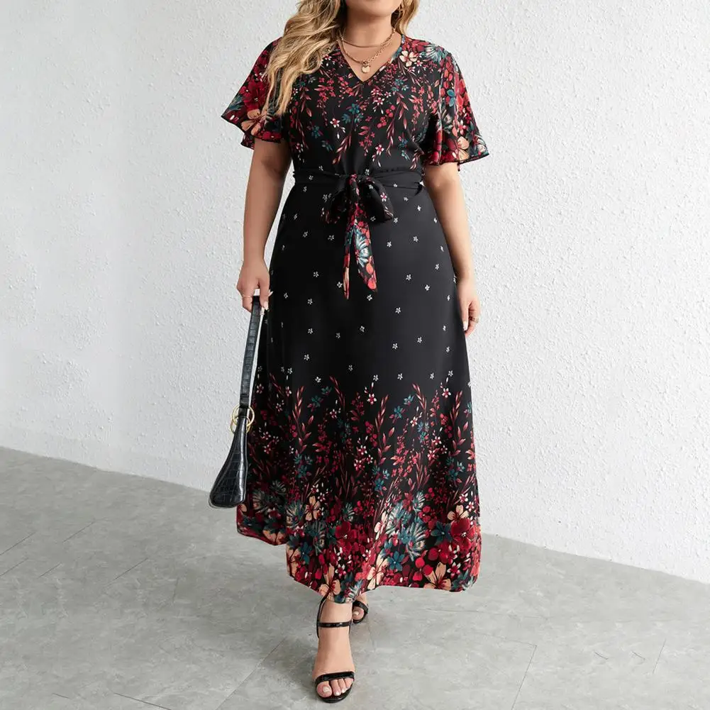 

Women's Summer Dress Floral Print Short Sleeve A-Line Tight Waist Plus Size V Neck Party Prom Women's Long Dress