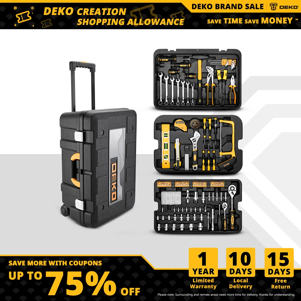 

DEKO 258pcs Home DIY Hand Tool Set Professional Hand Tool Luggage Three-layer Rolling Portable Storage Box