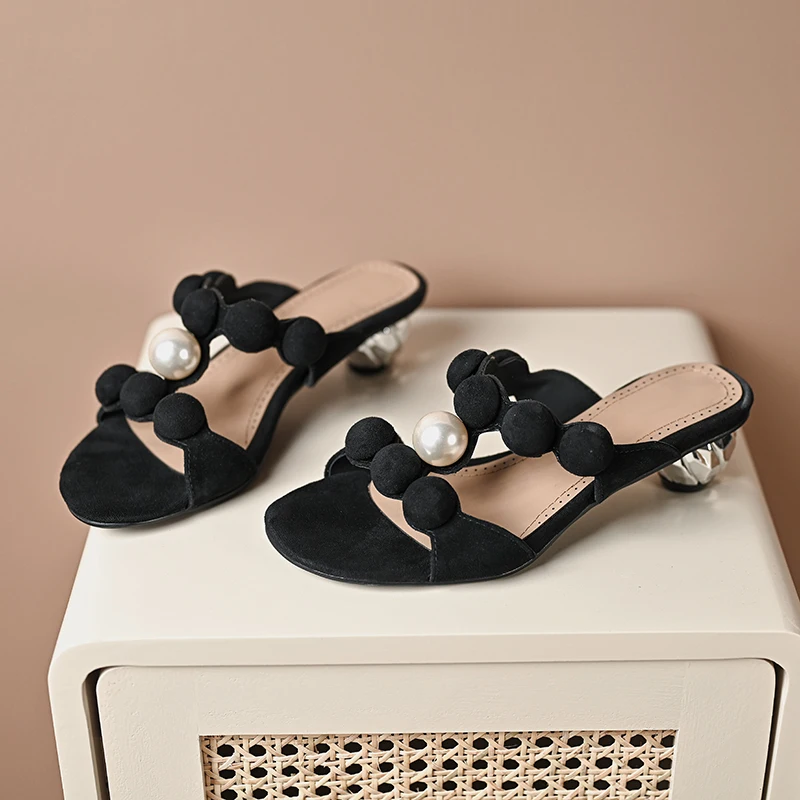 

Fashion Genuine Leather I-shape Sandals Slippers For Women Pearl Metal Decor Creative High Heels Open Toe Sport Sandals Big Size