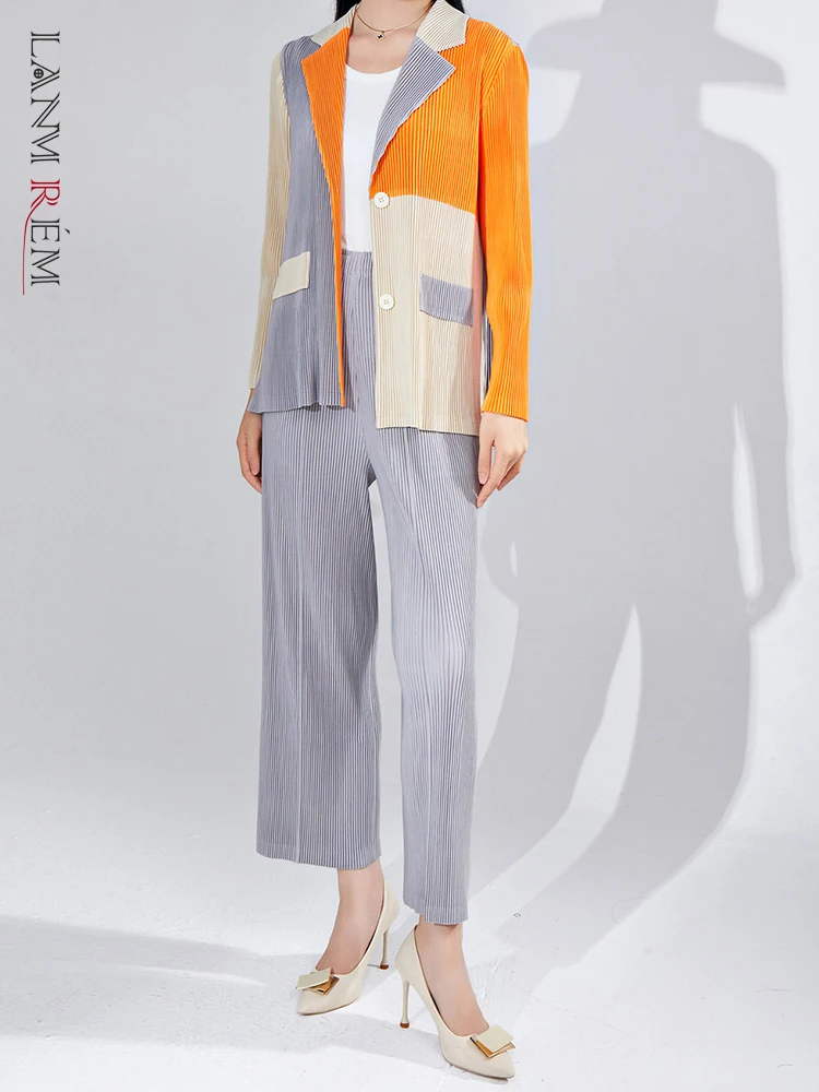 

LANMREM Fashion Pleated 2 Pieces Set Women Color Block Long Sleeves Blazer High Waist Pants 2023 Autumn New Clothing 2AA2965