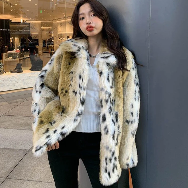 

Fashion Winter Jacket Women Faux Fur Coat Parkas Windbreaker Faux Raccoon Fur Warmth Tops Luxury Leopard Print Spots Fur Jacket