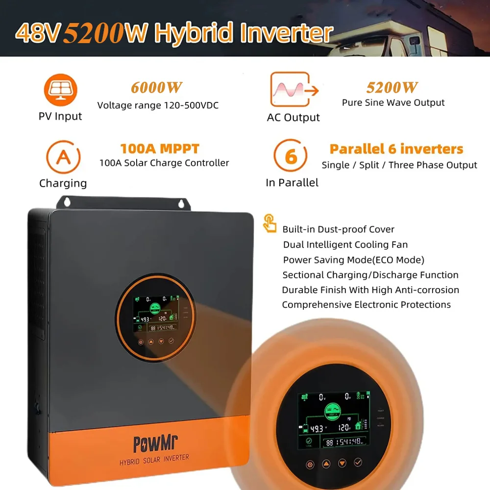 PowMr 5.2KW 인버터 48V에서 110V로 변환, PV 500V MPPT 100A, 최대 6개 병렬 연결 가능, 분리형 단상/삼상 작동, 가정용 태양광 시스템용