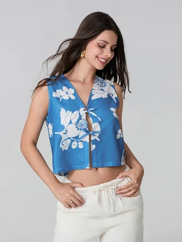 Stylish Sleeveless Floral Checkered Vest Chic Tie-front Outerwear for Trendy Summer Street Style Look 5