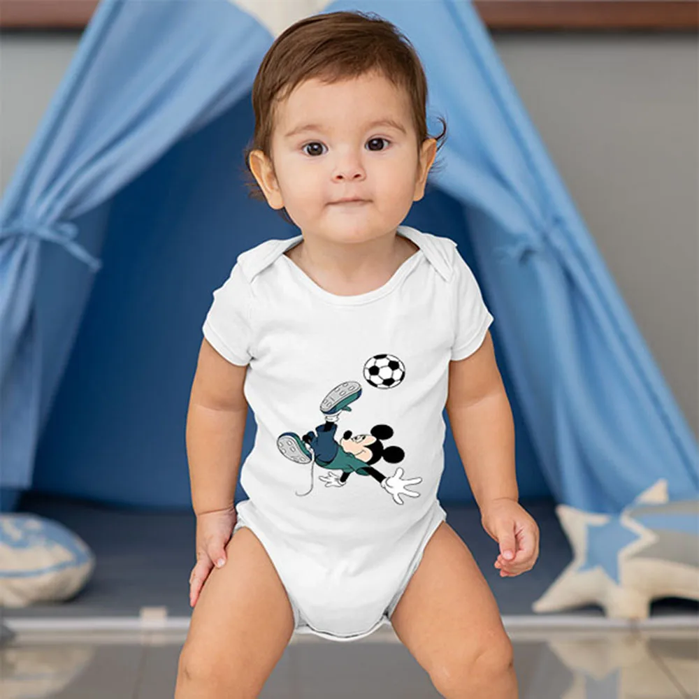 

Kawaii's Newborn Supplies Disney Brand Mickey Playing Football Pattern Harajuku Unisex Baby Onesie Trendy White Romper Cotton