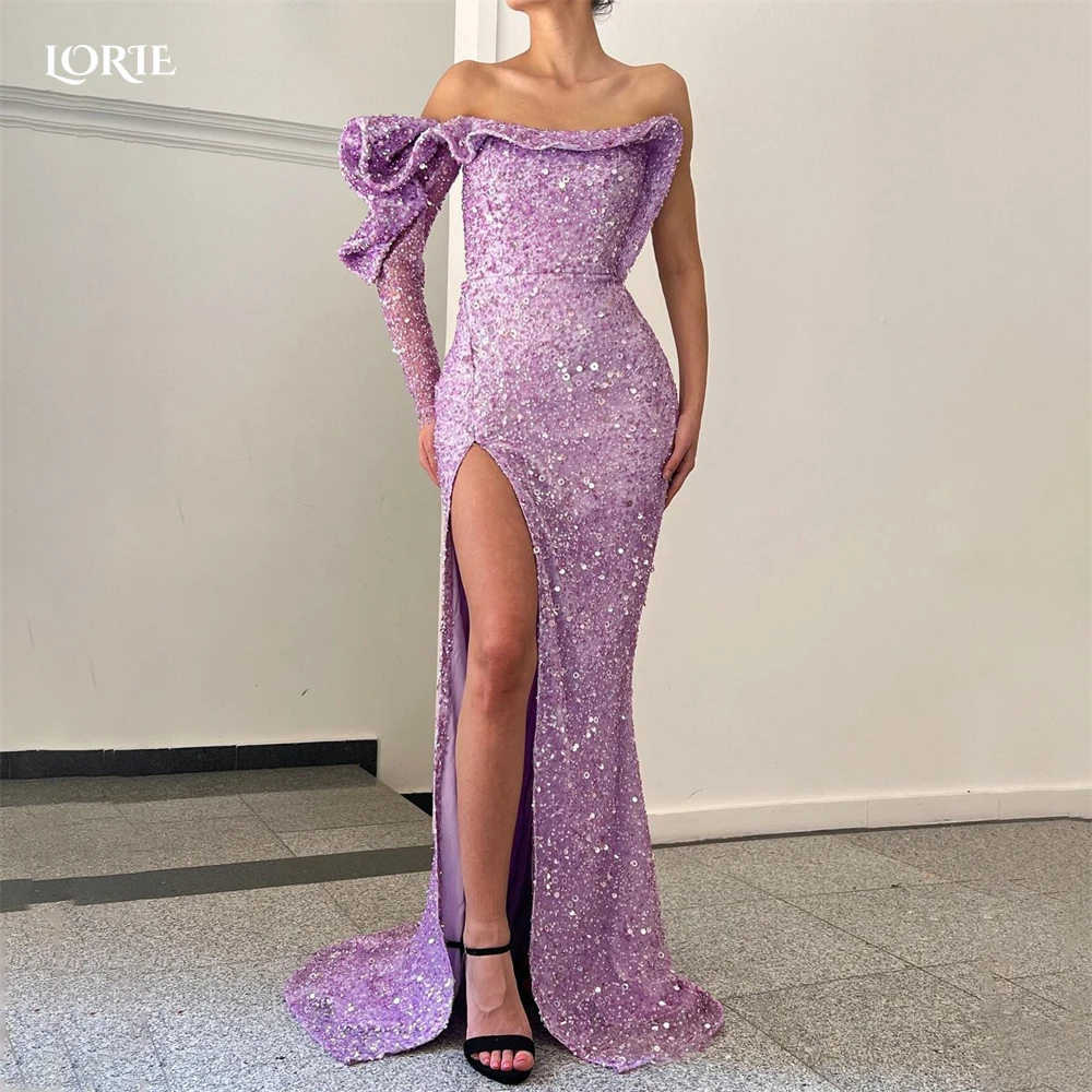 

LORIE Glitter Light Purple Formal Evening Dresses Ruched Shiny Off Shoulder Arabia Prom Gowns Side Slit Sparkly Dubai Party Gown