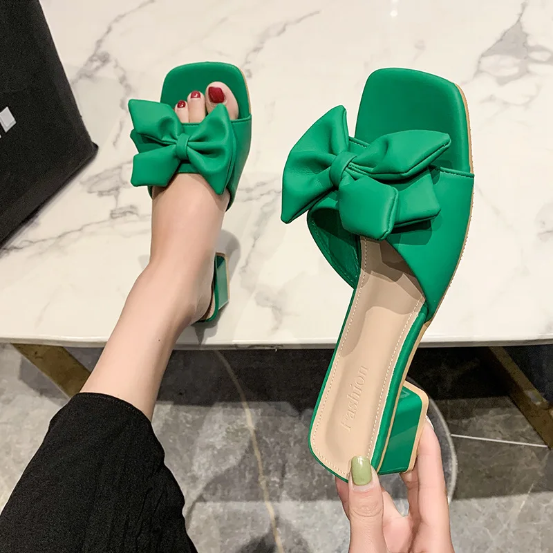 

Сандалии женские на квадратном каблуке, открытый носок, бант, модные тапочки, Уличная обувь, Тапочки, лето 2024