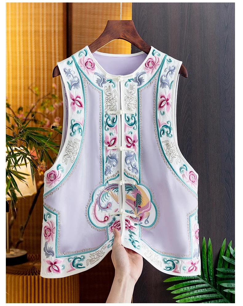 

High quality Chinese Style Acetate O-Neck Vest Women In Early Spring 2024 New Fashion Palace Embroidered Floral Top S-XXL