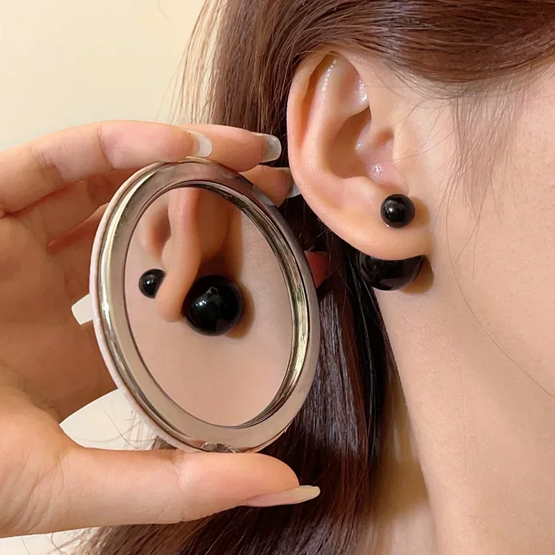 Imitation Pearl Double Side Round Bead Earring Stud For Women Black Silver Color Beads Cute Girls Hot Statement Earrings Jewelry