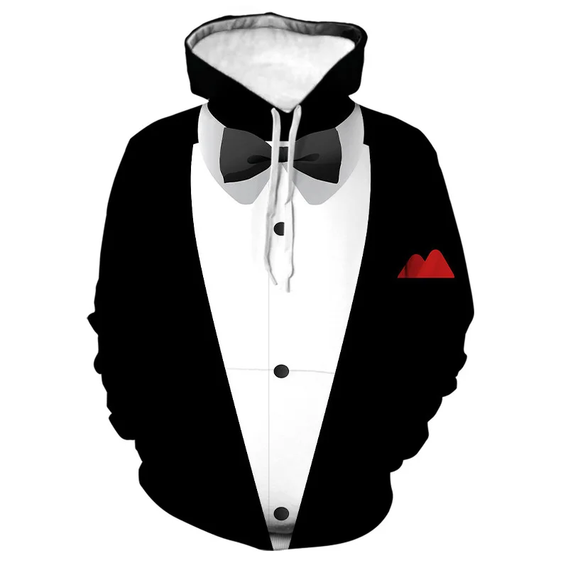 thumbnail image 1 of Sudadera con capucha de traje falso divertida con estampado 3D para hombre, esmoquin con patrón de pajarita, sudaderas casuales de manga larga para cosplay, sudaderas con capucha de calle, 1 of 5
