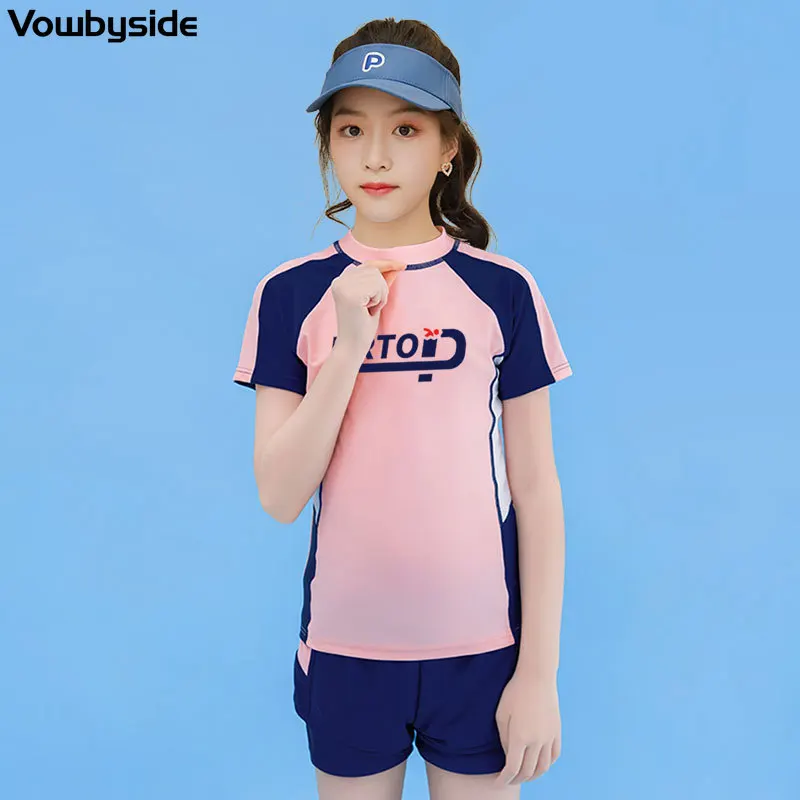 8-14Y Children's Swimsuit Girls Two-Piece Wetsuit Short Sleeved Children's Beach Wear Quick-drying Swimwear
