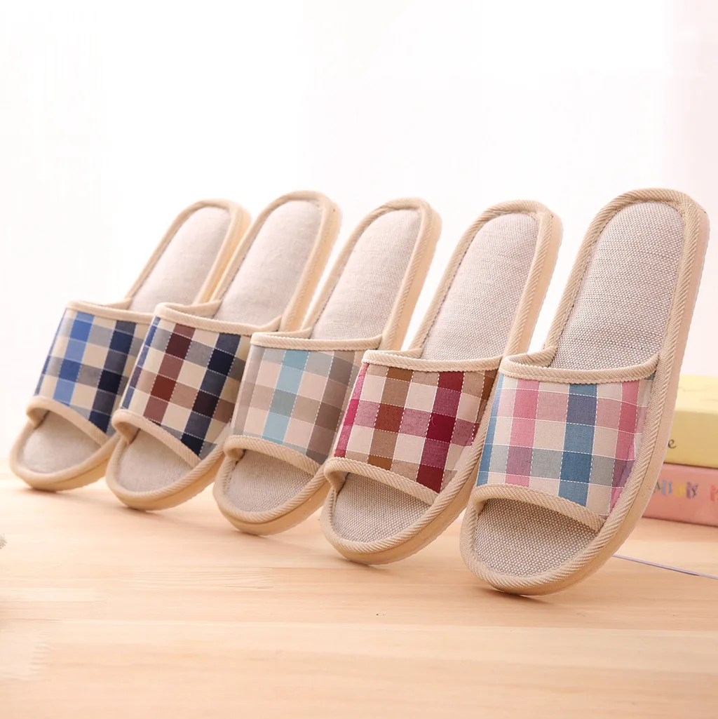 Shoes for women Fashion Casual Couples Gingham Home Slippers Indoor Floor Flat Shoes